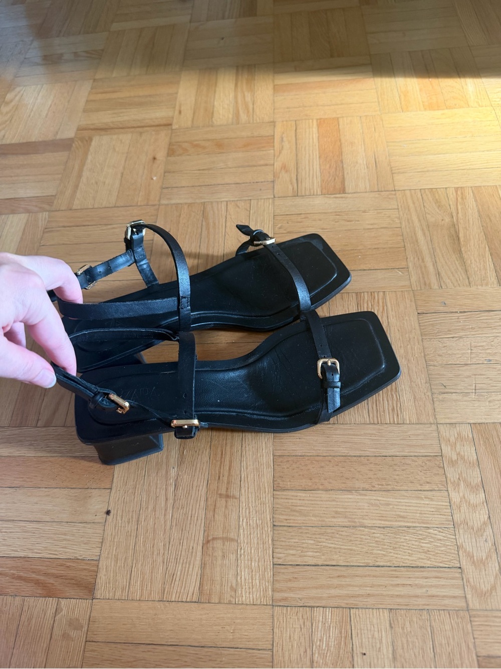 Women's Black Strappy Square-Toe Low Heel Sandals